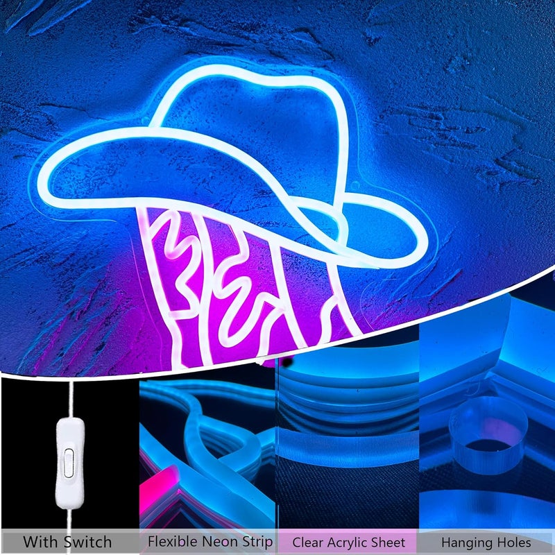Manimo Cowboy Boot and Hat LED Neon Sign,Western Country Wall Decor for Bar, Man Cave, Garage,Pink White Aesthetic Rodeo Neon Light, Unique Christmas Birthday Gifts(13x15 in) - Image 4